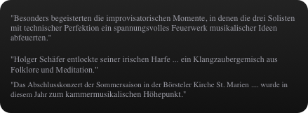 "Besonders begeisterten die improvisatorischen Momente, in denen die drei Solisten mit technischer Perfektion ein spannungsvolles Feuerwerk musikalischer Ideen abfeuerten."

"Holger Schäfer entlockte seiner irischen Harfe ... ein Klangzaubergemisch aus Folklore und Meditation."

"Das Abschlusskonzert der Sommersaison in der Börsteler Kirche St. Marien .... wurde in diesem Jahr zum kammermusikalischen Höhepunkt."